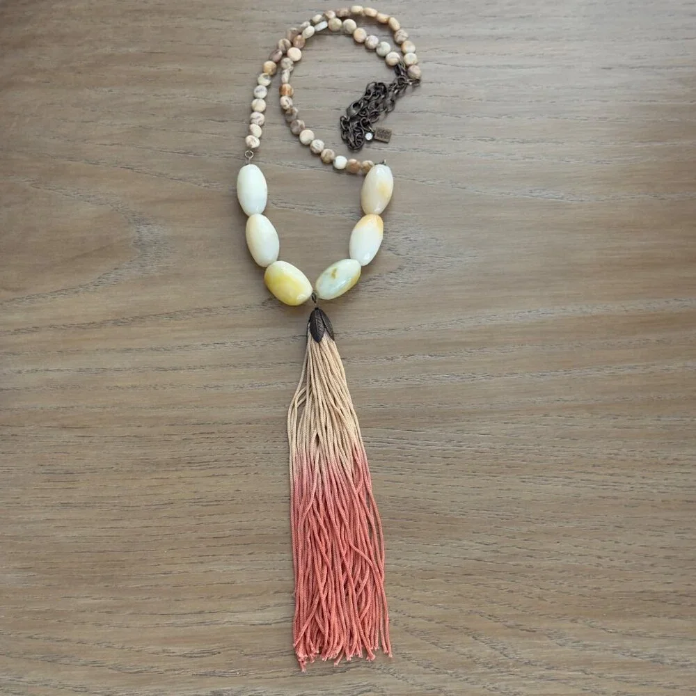 John Wind Beaded Necklace With Ombre Tassel Yellow Cream Stone Beads